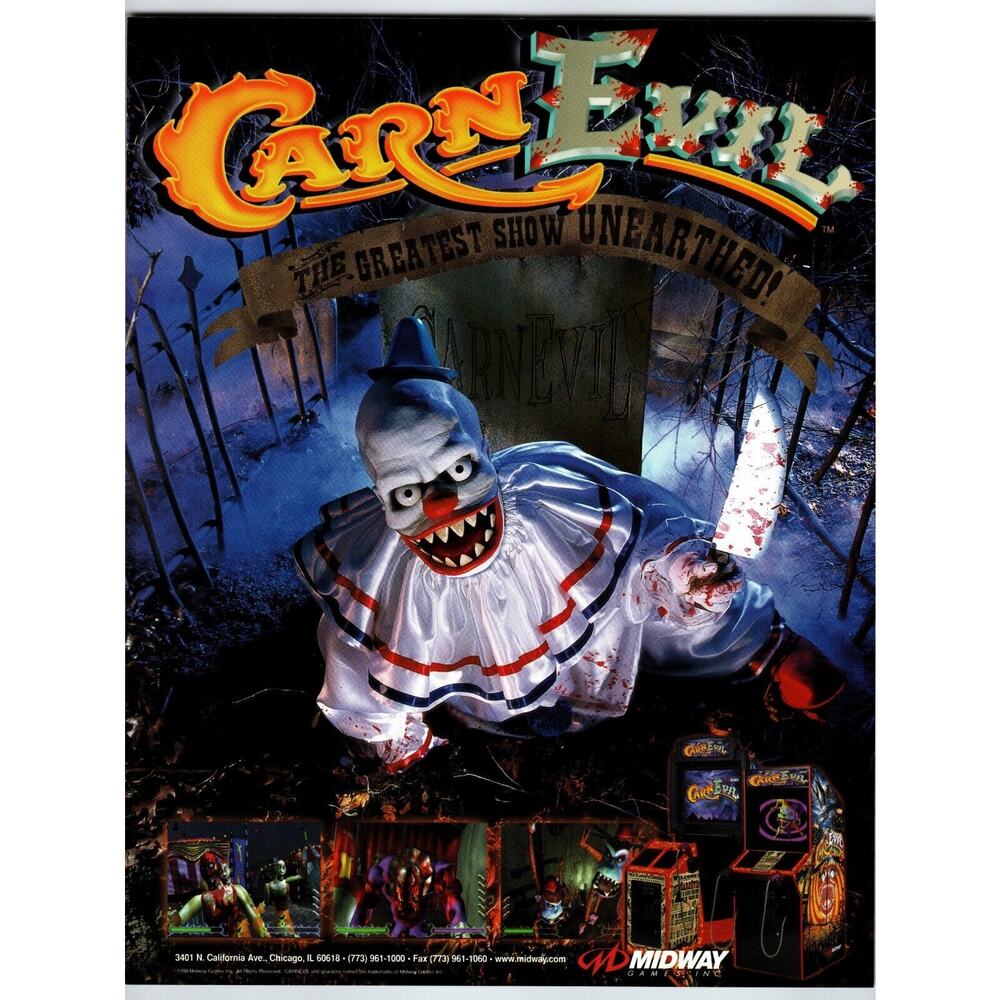 Carn Evil Arcade Game FLYER Original 1998 Video Game Art Killer Clowns Horror